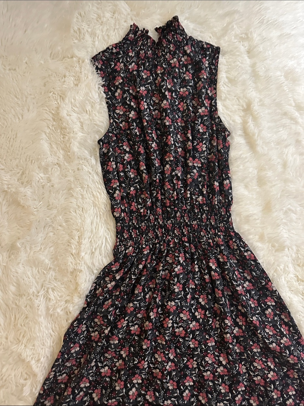 Nanette Lepore Black Floral Mock-Ruffle Midi Dress with Pink Blooms